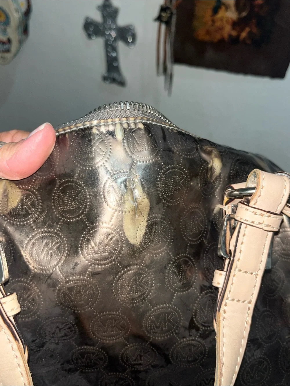 Michael Kors Black Logo-Embossed Satchel with Pale Pink Handles
